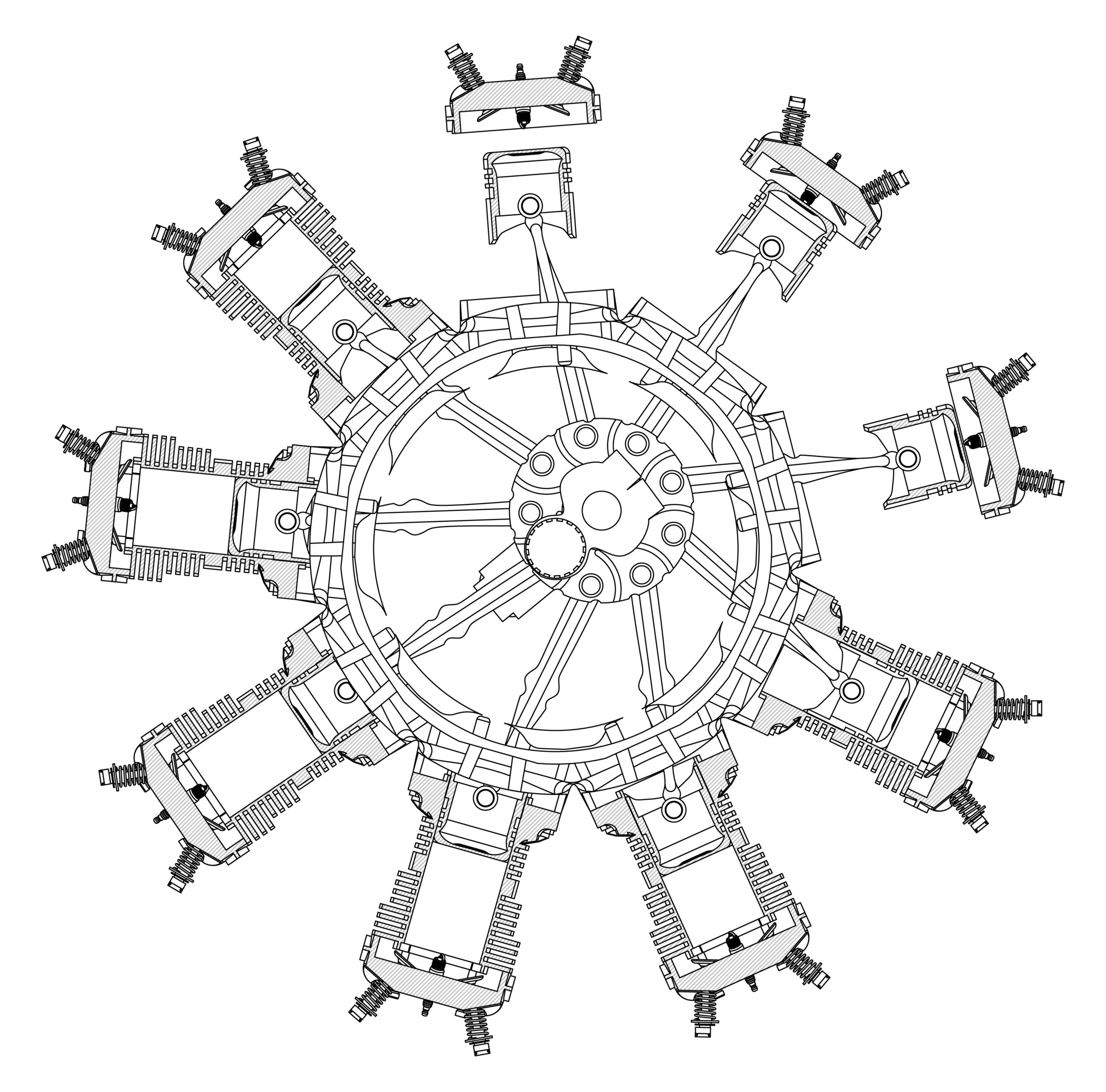 A black-and-white drawing of a radial engine