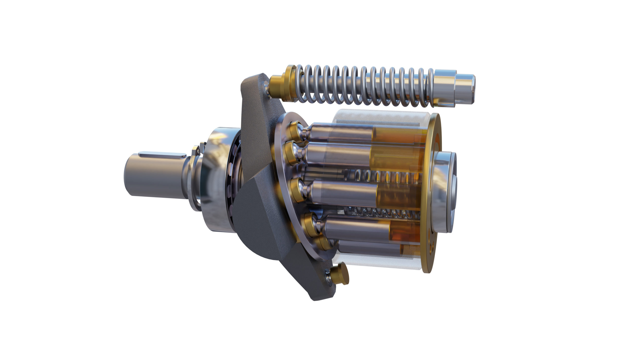An animated image of an axial piston pump with a swashplate design