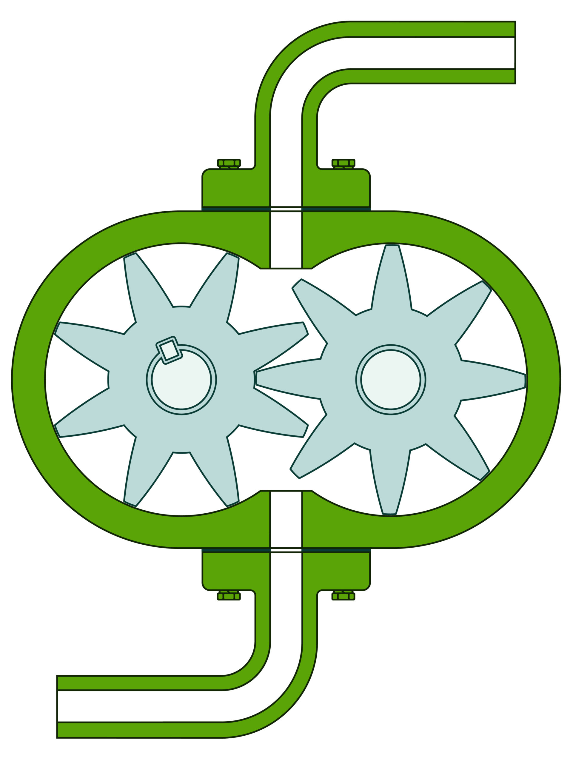 A green illustration of a hydraulic gear motor. 