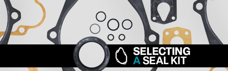 Components in a piston pump seal kit, including O-rings, gaskets, and washers on a gray background. A black banner with the words "Selecting a Seal Kit" appears at the forefront of the image.